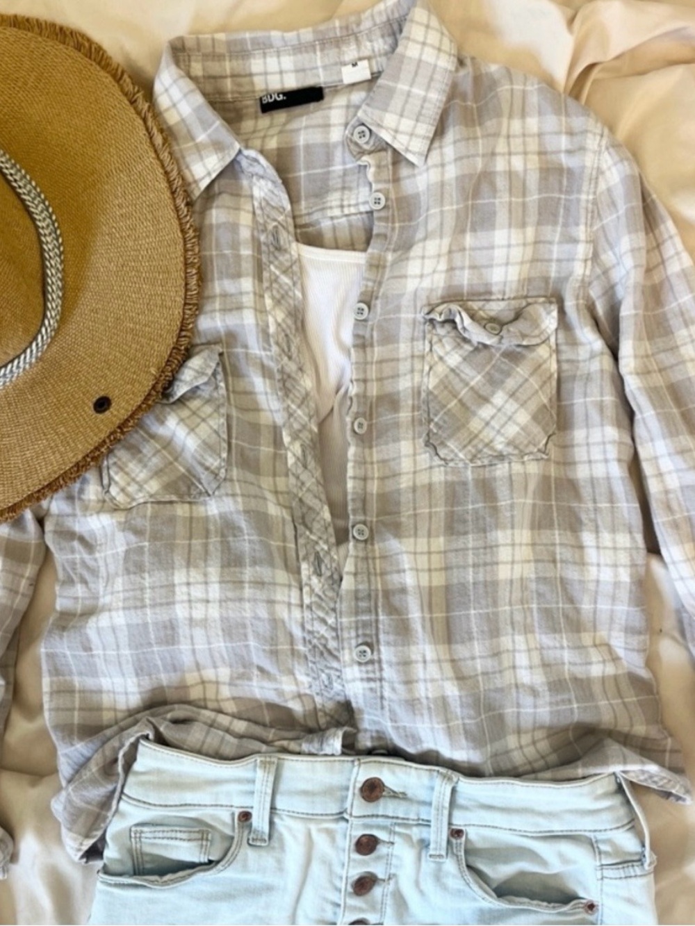 BDG light grey and white Plaid Button-Down Shirt